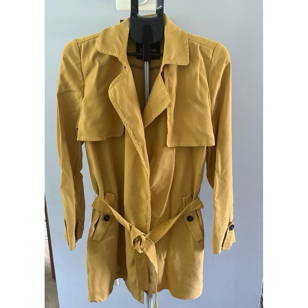 Express Women's mustard yellow self waist tie thin trench coat size medium